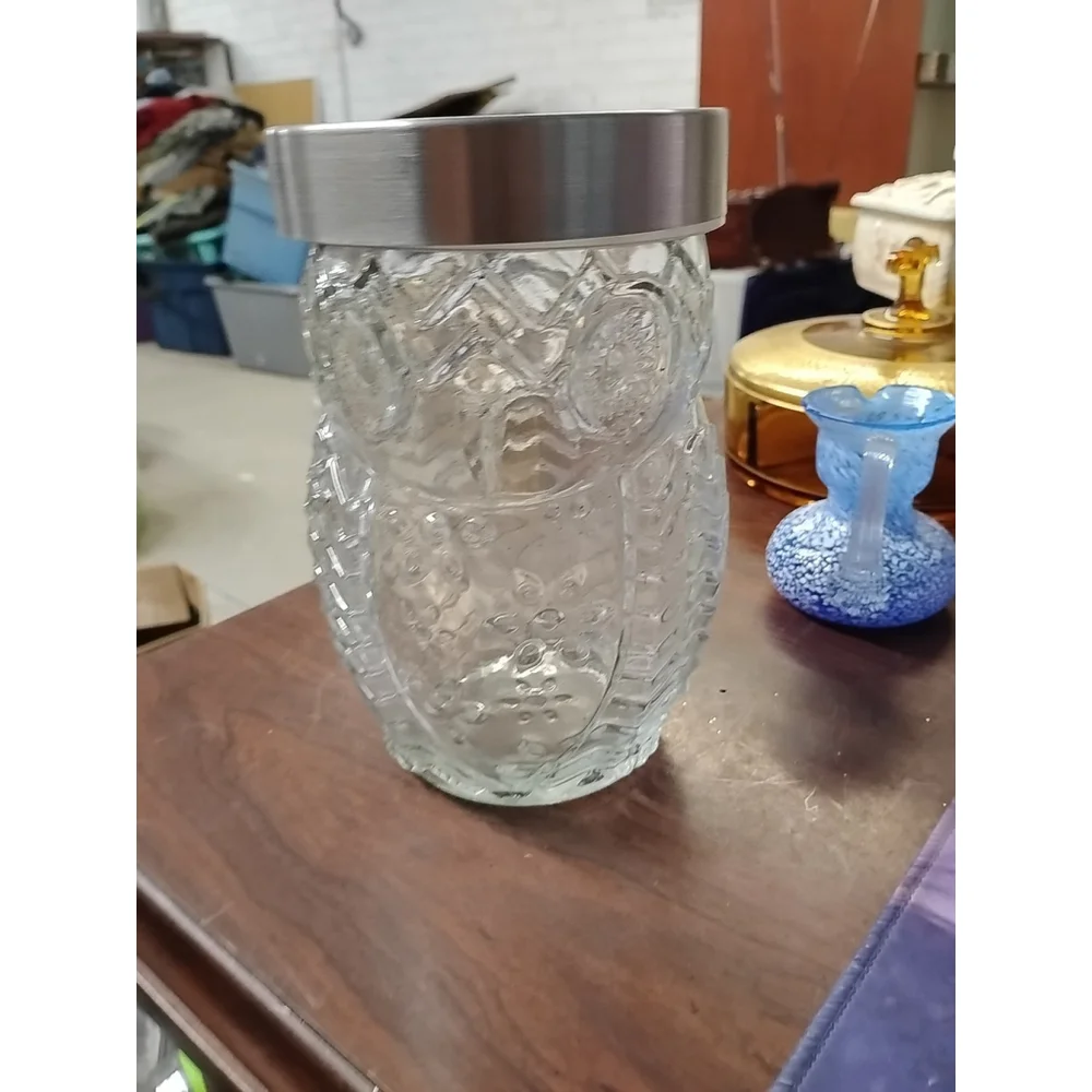 Clear Glass Owl Canister Jar 7” Holds 5 Cups or 40 Ounces Vintage. Metal Lid